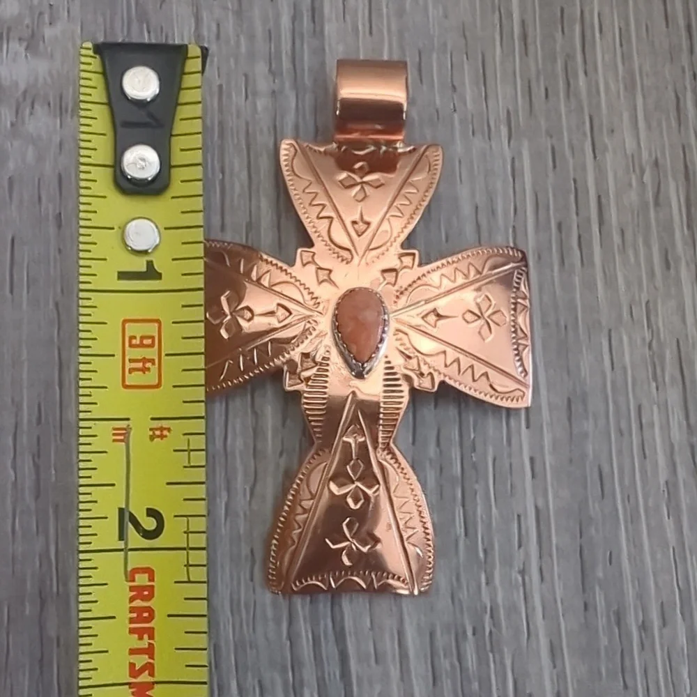 Running Bear Navajo Copper And Spiney Oyster Embossed Stamped Cross Pendant - Picture 7 of 9